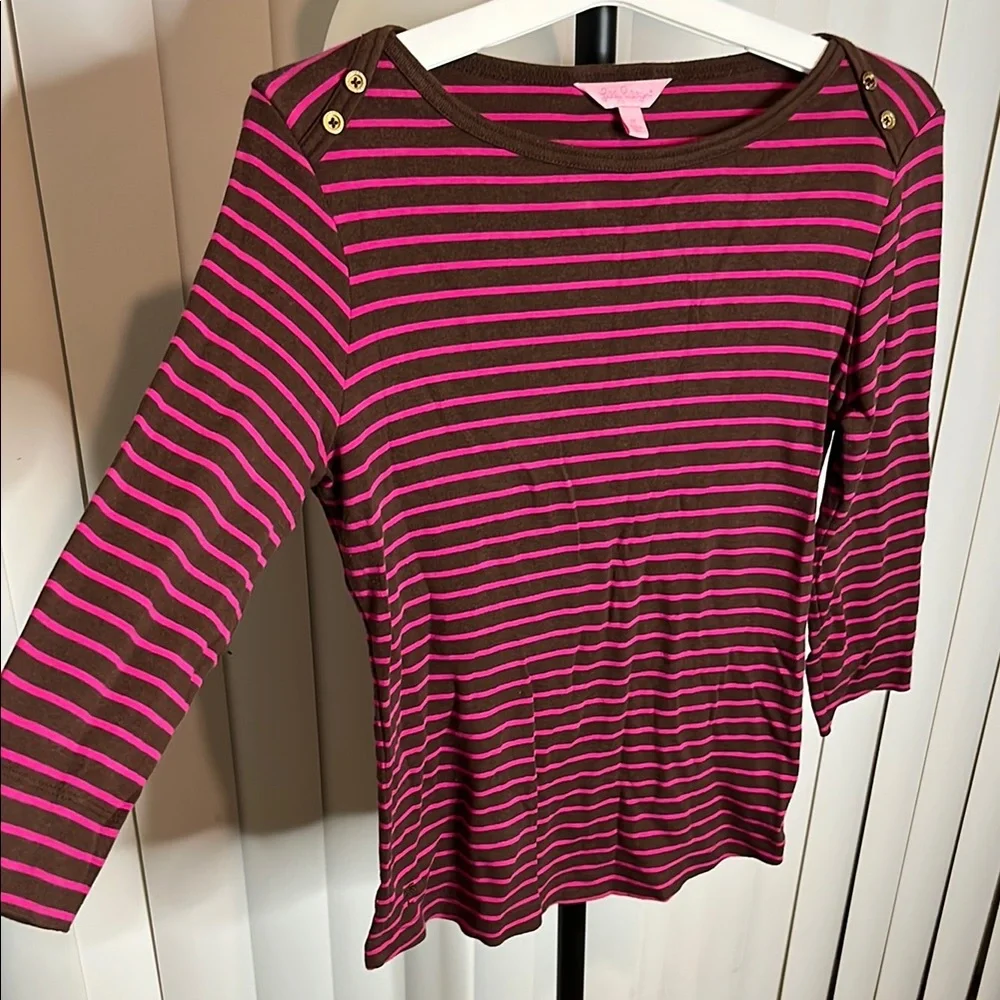 Lilly Pulitzer Pink and Brown 3/4 Sleeve Blouse - Picture 3 of 7